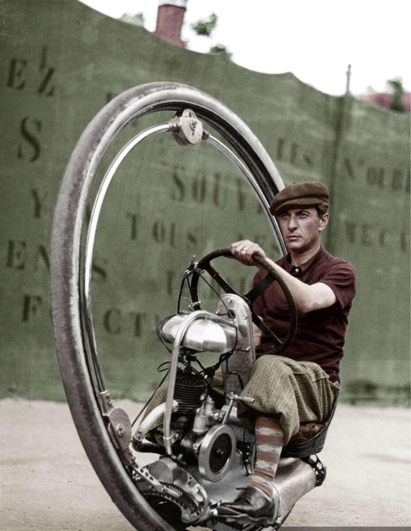 16. Motorized unicycle, 1921 1. American actor Buster Keaton, 1920, 2. This mechanic is fixing a steam pump in an electrical plant, 1920, 3. Mary Pickford and Douglas Fairbanks boarding a ship for their honeymoon, 1920, 4. Vladimir Lenin, July 1920, 5. Farmers market in New Orleans, early 1920s, 6. Main Street in Fall River, MA, 1920, 7. A street vendor in the streets of New Orleans, early 1920s, 8. The Art Hickman Orchestra, 1920, 9. Charles Ponzi, 1920, 10. Orchard Street, NYC, 1920, 11. The mugshot of Herbert Ellis, 1920, 12. The Belgian National team, 1921, 13. Albert Einstein, March, 1921, 14. A street scene in Washington, D.C., 1921, 15. Car crash in Washington, 1921, 16. Motorized unicycle, 1921, 17. Albert Einstein and his wife, Elsa Einstein, 1921, 18. Sergeant Stubby wearing his military uniform and decorations, 1921, 19. Marilyn Miller in New York, 1921