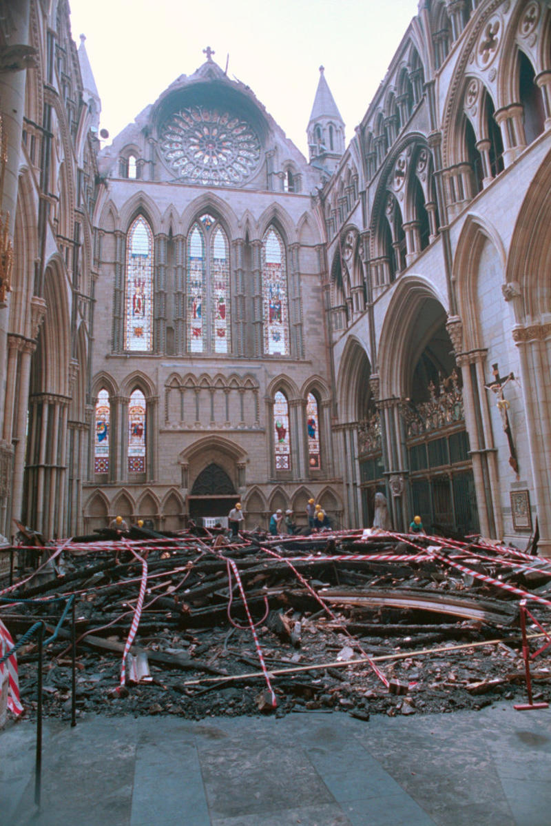 York Minster fire, 1984 Temple of Artemis fire, 356 BCE, Library of Alexandria fire, 48 BCE, Old St Paul's fire, 1666, White House fire, 1814, Westminster Palace fire, 1834, Tuileries Palace fire, 1871, University of Leuven Library fire, 1914, The Crystal Palace fire, 1936, Hotel Polen fire, 1977, York Minster fire, 1984, Hampton Court Palace fire, 1986, World Trade Center fires, 2001, Brighton West Pier fire, 2003, Al-Madina Souq fire, 2012, Honey Run Covered Bridge fire, 2018, Copenhagen Old Stock Exchange fire, 2024