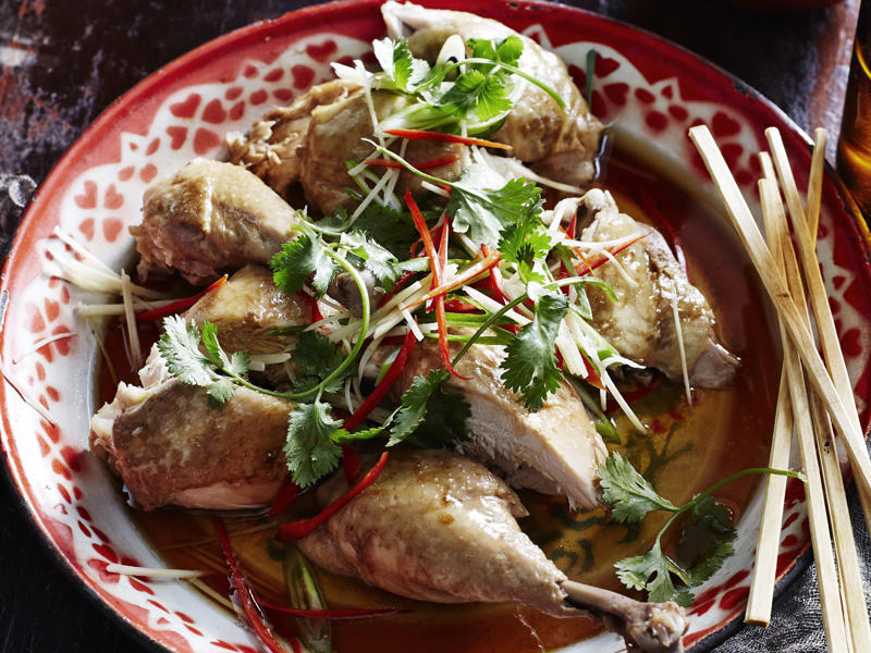 Slow cooker whole chicken with a peri peri marinade , Slow cooker chicken noodle soup , Pulled chicken fajitas with cheesy toppings , Slow-cooker spicy upside down pineapple chicken , Slow cooker Hainanese-style chicken , Slow cooker butter chicken , Green chicken curry , Green olive and lemon chicken , Slow cooker chicken pho (Pho Ga) , Slow-cooker chicken hot and sour soup , Chicken and chorizo paella in a slow cooker , Slow-cooker chicken tikka masala , Paprika chicken , Slow cooker chicken and corn chowder , Chicken and mushroom soup , Slow-cooker Italian-style chicken with tomatoes and pepperoni , Slow-cooker butter chicken , Shredded Mexican chicken and beans , Cock-a-leekie soup , Slow-cooker Thai basil and chilli chicken with cashews , Slow-cooker chicken with soy & sesame