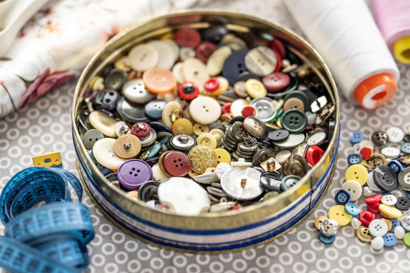 13) Vintage buttons and sewing kits 1) Depression glass, 2) Midcentury furnishings, 3) Porcelain dolls, 4) Vinyl records, 5) China sets, 6) Pocket watches, 8) Pyrex bowls, 9) Handbags, 10) Cameo brooches, 11) Costume jewelry, 12) Linen tablecloths, 13) Vintage buttons and sewing kits, 15) Quilts, 17) Rotary phones, 18) Crystal candy dishes, 19) Needlepoint, 20) Vanity Sets