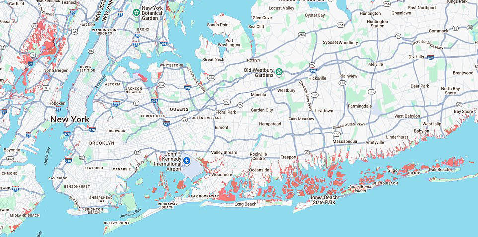 New map reveals US cities and landmarks set to disappear by 2050, New Orleans, Louisiana, Cape Coral, Florida, Savannah, Georgia, Charleston, South Carolina, Atlantic City, New Jersey, East Rutherford, New Jersey, Long Island, New York, San Jose, California