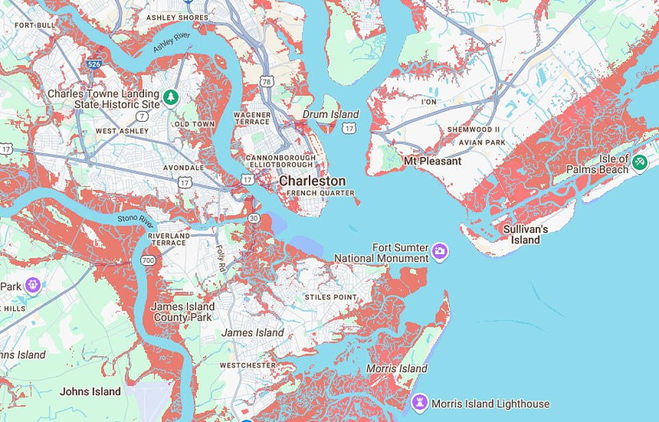 New map reveals US cities and landmarks set to disappear by 2050, New Orleans, Louisiana, Cape Coral, Florida, Savannah, Georgia, Charleston, South Carolina, Atlantic City, New Jersey, East Rutherford, New Jersey, Long Island, New York, San Jose, California