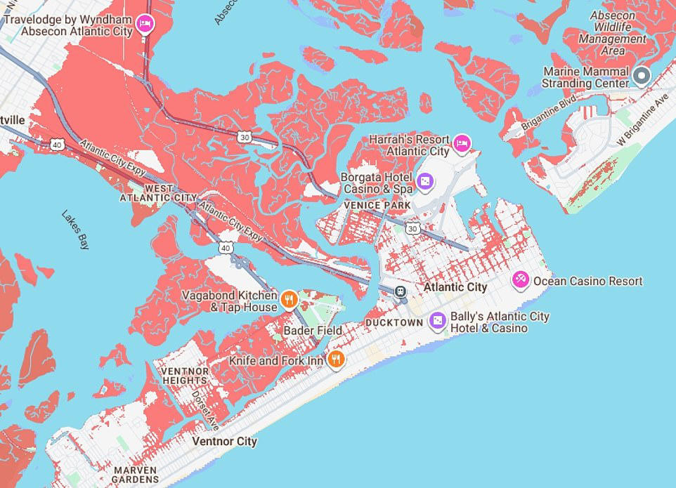 New map reveals US cities and landmarks set to disappear by 2050, New Orleans, Louisiana, Cape Coral, Florida, Savannah, Georgia, Charleston, South Carolina, Atlantic City, New Jersey, East Rutherford, New Jersey, Long Island, New York, San Jose, California