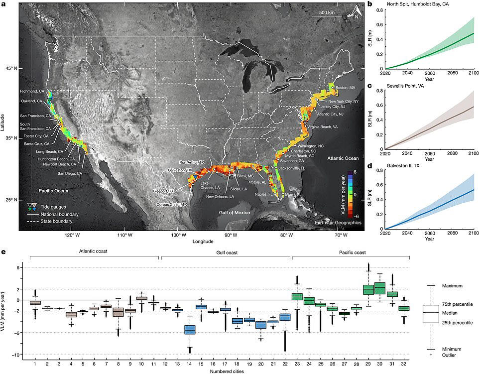 New map reveals US cities and landmarks set to disappear by 2050, New Orleans, Louisiana, Cape Coral, Florida, Savannah, Georgia, Charleston, South Carolina, Atlantic City, New Jersey, East Rutherford, New Jersey, Long Island, New York, San Jose, California