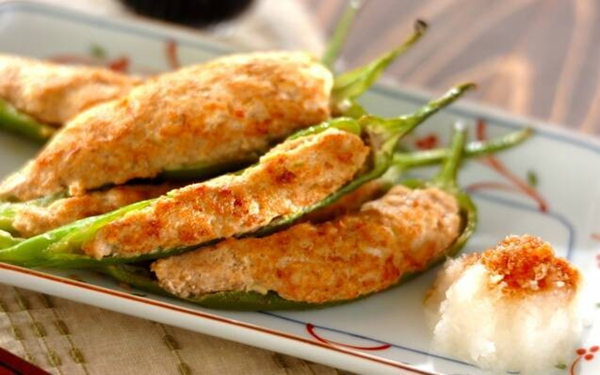 甘長唐辛子の肉詰め, 豆腐の肉詰めグリル焼き, 肉詰め巾着の炊き合わせ, レンコンの肉詰め