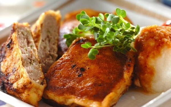 甘長唐辛子の肉詰め, 豆腐の肉詰めグリル焼き, 肉詰め巾着の炊き合わせ, レンコンの肉詰め