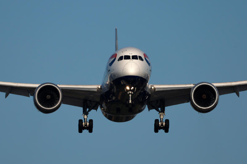 A front-on image of a British Airways Boeing 787 plane. Aer Lingus, Air Baltic, Air Busan, Air France, Air New Zealand, Air Seoul, British Airways, Emirates, FlyDubai, Korean Air, Qatar Airways