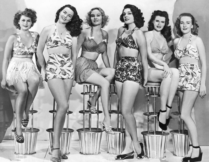 Two-piece style Beachside modesty, Two-piece style, Bridal couture, Seams in her stockings, "Circle" skirts, Early 1950s hair, Beauty queens, Poodle hair, A new wave, The bouffant, Invaluable saris, Tiny waist, a peplum and a fur collar, American royalty in a tiara, Airport glamour, Itty, bitty uniforms, Pedal pushers pushing limits, "Street" style, Dressing for errands, Formfitting dresses, Grace Kelly's equestrian glamour, Affordable fur "stole" hearts, Pretty as a princess, Elizabeth Taylor's lingerie chic, Sporty but feminine, A match made in glamour heaven, A regal tone