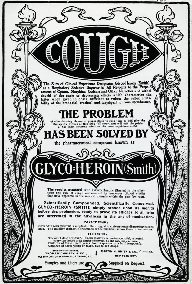 Heroin as cough medicine Cure rabies with raw veal, Heroin as cough medicine, Cure rabies with ground liverwort and a cold bath, Treat asthma with cigarettes, Cure everything with radium, Treat asthma with boiled carrots, Cure toothaches with electricity, Milk transfusions, Treat malaria with a magic word, Treat colic with "soothing syrup", Treat hay fever with cocaine, Treat chapped hands with sour cream, Use nux vomica for headaches, Cure a hangover by eating pickled sheep's eyes, Cure swollen eyes with the eyes of a crab