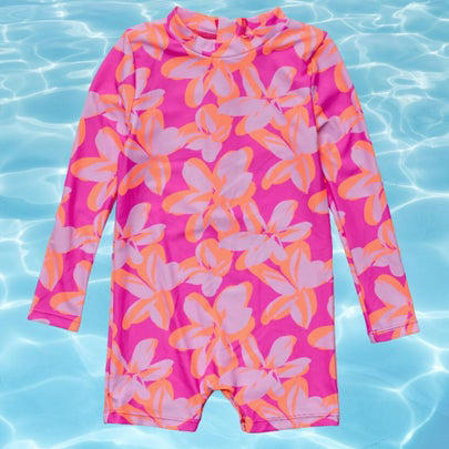 A colorblock one-piece, A lime green swim set for boys, A one-piece rash guard for babies and up, A pair of lime boy's trunks with shark design, A neon orange rash guard, A pair of swim trucks for toddlers, Neon yellow trunks for babies and toddlers, A tangerine off-the-shoulder one-piece, A cross-back bikini with pom pom detail, A puff-sleeve two-piece, A three-piece girl's swimsuit, Vans board shorts for tweens, A UV-protective rash guard for girls, An orange flutter suit for toddlers and above, A neon yellow cut-out one-piece, Related...