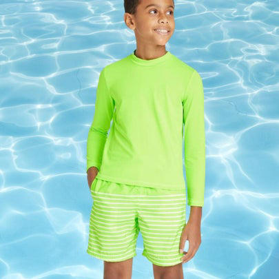 A colorblock one-piece, A lime green swim set for boys, A one-piece rash guard for babies and up, A pair of lime boy's trunks with shark design, A neon orange rash guard, A pair of swim trucks for toddlers, Neon yellow trunks for babies and toddlers, A tangerine off-the-shoulder one-piece, A cross-back bikini with pom pom detail, A puff-sleeve two-piece, A three-piece girl's swimsuit, Vans board shorts for tweens, A UV-protective rash guard for girls, An orange flutter suit for toddlers and above, A neon yellow cut-out one-piece, Related...