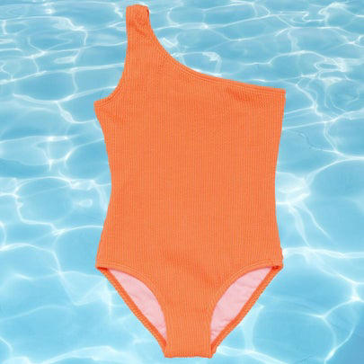 A colorblock one-piece, A lime green swim set for boys, A one-piece rash guard for babies and up, A pair of lime boy's trunks with shark design, A neon orange rash guard, A pair of swim trucks for toddlers, Neon yellow trunks for babies and toddlers, A tangerine off-the-shoulder one-piece, A cross-back bikini with pom pom detail, A puff-sleeve two-piece, A three-piece girl's swimsuit, Vans board shorts for tweens, A UV-protective rash guard for girls, An orange flutter suit for toddlers and above, A neon yellow cut-out one-piece, Related...
