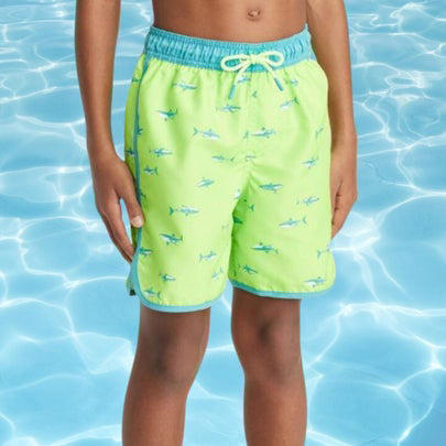 A colorblock one-piece, A lime green swim set for boys, A one-piece rash guard for babies and up, A pair of lime boy's trunks with shark design, A neon orange rash guard, A pair of swim trucks for toddlers, Neon yellow trunks for babies and toddlers, A tangerine off-the-shoulder one-piece, A cross-back bikini with pom pom detail, A puff-sleeve two-piece, A three-piece girl's swimsuit, Vans board shorts for tweens, A UV-protective rash guard for girls, An orange flutter suit for toddlers and above, A neon yellow cut-out one-piece, Related...