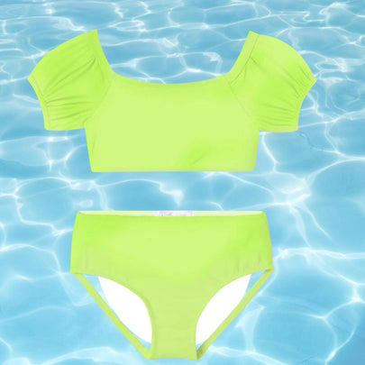 A colorblock one-piece, A lime green swim set for boys, A one-piece rash guard for babies and up, A pair of lime boy's trunks with shark design, A neon orange rash guard, A pair of swim trucks for toddlers, Neon yellow trunks for babies and toddlers, A tangerine off-the-shoulder one-piece, A cross-back bikini with pom pom detail, A puff-sleeve two-piece, A three-piece girl's swimsuit, Vans board shorts for tweens, A UV-protective rash guard for girls, An orange flutter suit for toddlers and above, A neon yellow cut-out one-piece, Related...