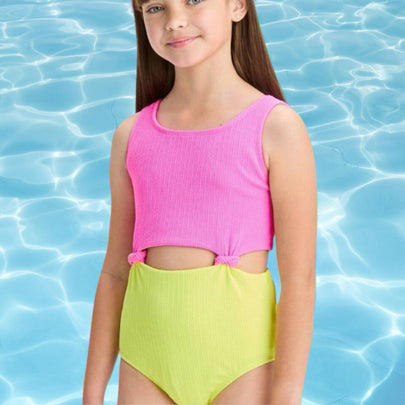A colorblock one-piece, A lime green swim set for boys, A one-piece rash guard for babies and up, A pair of lime boy's trunks with shark design, A neon orange rash guard, A pair of swim trucks for toddlers, Neon yellow trunks for babies and toddlers, A tangerine off-the-shoulder one-piece, A cross-back bikini with pom pom detail, A puff-sleeve two-piece, A three-piece girl's swimsuit, Vans board shorts for tweens, A UV-protective rash guard for girls, An orange flutter suit for toddlers and above, A neon yellow cut-out one-piece, Related...