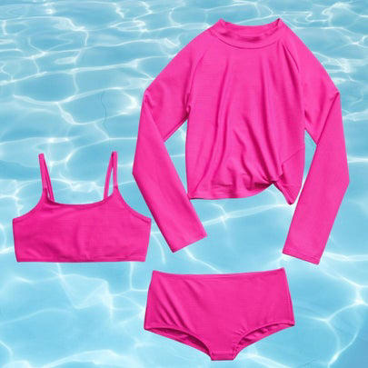 A colorblock one-piece, A lime green swim set for boys, A one-piece rash guard for babies and up, A pair of lime boy's trunks with shark design, A neon orange rash guard, A pair of swim trucks for toddlers, Neon yellow trunks for babies and toddlers, A tangerine off-the-shoulder one-piece, A cross-back bikini with pom pom detail, A puff-sleeve two-piece, A three-piece girl's swimsuit, Vans board shorts for tweens, A UV-protective rash guard for girls, An orange flutter suit for toddlers and above, A neon yellow cut-out one-piece, Related...