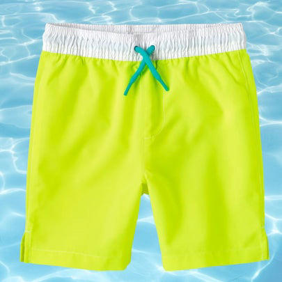 A colorblock one-piece, A lime green swim set for boys, A one-piece rash guard for babies and up, A pair of lime boy's trunks with shark design, A neon orange rash guard, A pair of swim trucks for toddlers, Neon yellow trunks for babies and toddlers, A tangerine off-the-shoulder one-piece, A cross-back bikini with pom pom detail, A puff-sleeve two-piece, A three-piece girl's swimsuit, Vans board shorts for tweens, A UV-protective rash guard for girls, An orange flutter suit for toddlers and above, A neon yellow cut-out one-piece, Related...
