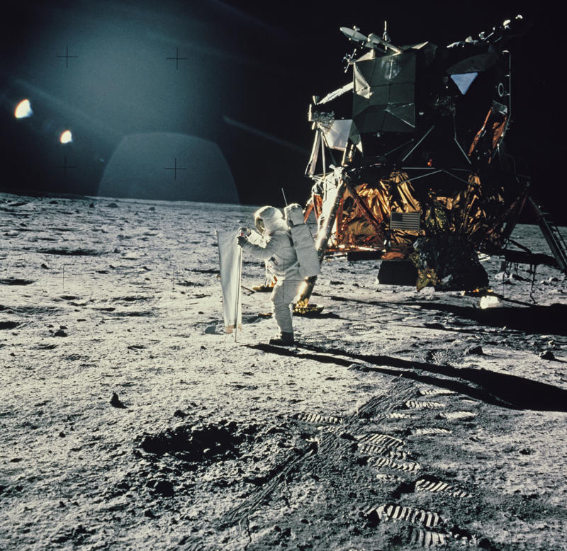 Solar Wind Composition Experiment foils American flags, Lunar Module descent stages, Scientific instruments, Astronaut boots, TV cameras, Gold olive branch, The Fallen Astronaut memorial, Apollo 14’s golf balls, Apollo 12 plaque, Solar Wind Composition Experiment foils, Descent stage ladders, Soviet lunar landers, Spacecraft, Film gear, Gene Cernan’s daughter’s initials, Lunar portable magnetometer