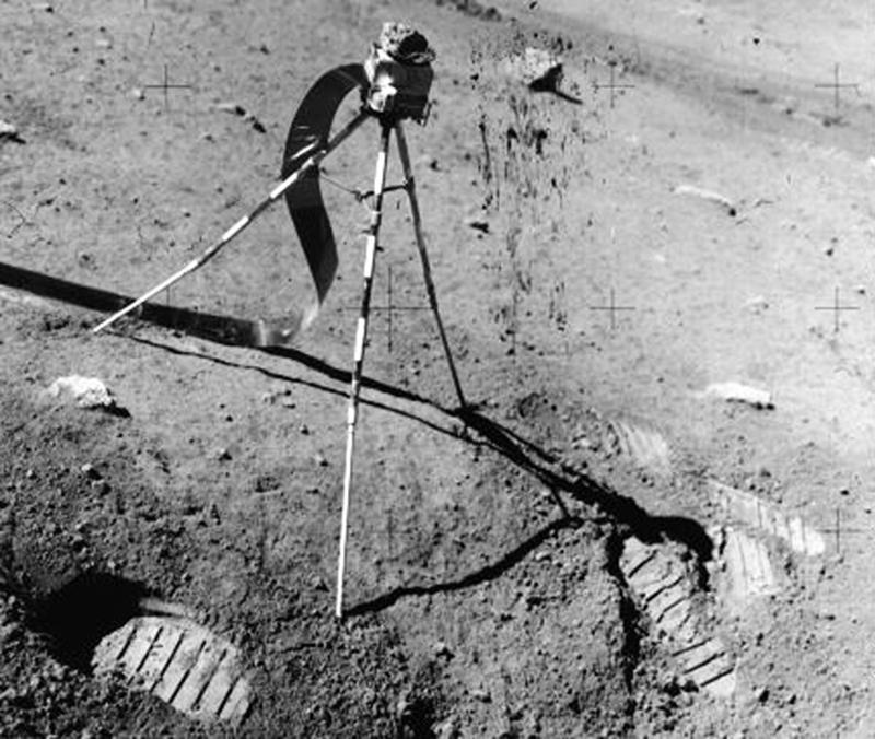 Lunar portable magnetometer American flags, Lunar Module descent stages, Scientific instruments, Astronaut boots, TV cameras, Gold olive branch, The Fallen Astronaut memorial, Apollo 14’s golf balls, Apollo 12 plaque, Solar Wind Composition Experiment foils, Descent stage ladders, Soviet lunar landers, Spacecraft, Film gear, Gene Cernan’s daughter’s initials, Lunar portable magnetometer