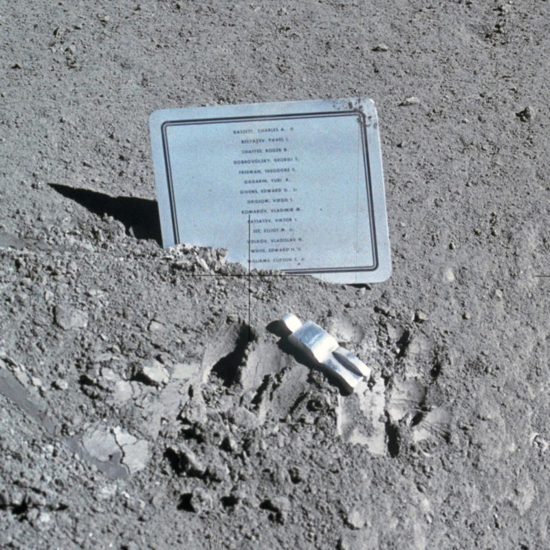 The Fallen Astronaut memorial American flags, Lunar Module descent stages, Scientific instruments, Astronaut boots, TV cameras, Gold olive branch, The Fallen Astronaut memorial, Apollo 14’s golf balls, Apollo 12 plaque, Solar Wind Composition Experiment foils, Descent stage ladders, Soviet lunar landers, Spacecraft, Film gear, Gene Cernan’s daughter’s initials, Lunar portable magnetometer