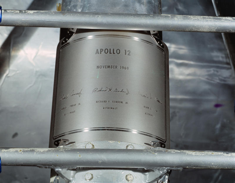 Apollo 12 plaque American flags, Lunar Module descent stages, Scientific instruments, Astronaut boots, TV cameras, Gold olive branch, The Fallen Astronaut memorial, Apollo 14’s golf balls, Apollo 12 plaque, Solar Wind Composition Experiment foils, Descent stage ladders, Soviet lunar landers, Spacecraft, Film gear, Gene Cernan’s daughter’s initials, Lunar portable magnetometer