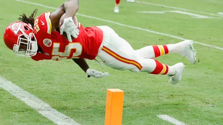 16. Tyreek Hill (2016-2021), 15. Christian Okoye (1987-1993), 12. Jamaal Charles (2008-2016), 8. Buck Buchanan (1963-1975), 6. Will Shields (1993-2006), 3. Tony Gonzalez (1997-2008), 2. Travis Kelce (2013-active)