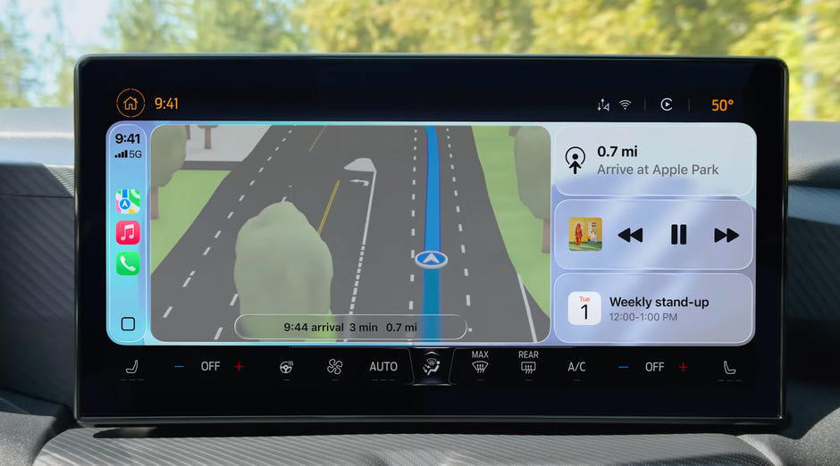 Liquid Glass design , Compact view, New features in Messages, New incidents to report in Maps, Video streaming while parked , Live Activities and widgets, Smart Display Zoom