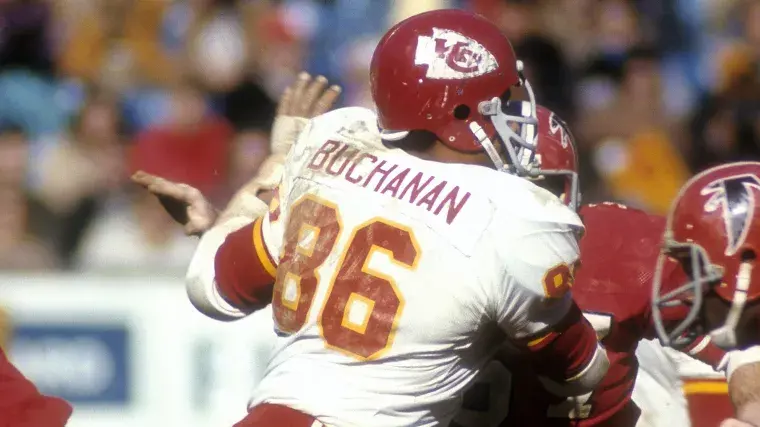 16. Tyreek Hill (2016-2021), 15. Christian Okoye (1987-1993), 12. Jamaal Charles (2008-2016), 8. Buck Buchanan (1963-1975), 6. Will Shields (1993-2006), 3. Tony Gonzalez (1997-2008), 2. Travis Kelce (2013-active)