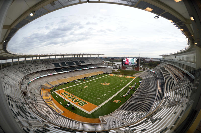 16. David Booth Kansas Memorial Stadium (Kansas Jayhawks), 15. Space City Financial Stadium (Houston Cougars), 14. Nippert Stadium (Cincinnati Bearcats), 13. FBC Mortgage Stadium (UCF Knights), 12. Arizona Stadium (Arizona Wildcats), 11. Mountain America Stadium (Arizona State), 10. McLane Stadium (Baylor Bears), 9. Folsom Field (Colorado Buffaloes), 8. Amon G. Carter Stadium (TCU Horned Frogs), 7. Jack Trice Stadium (Iowa State Cyclones), 6. Milan Puskar Stadium (West Virginia Mountaineers), 5. Rice-Eccles Stadium (Utah Utes), 4. Boone Pickens Stadium (Oklahoma State Cowboys), 3. Jones AT&amp;T Stadium (Texas Tech Red Raiders), 2. Bill Snyder Family Stadium (Kansas State Wildcats), 1. LaVell Edwards Stadium (BYU Cougars)