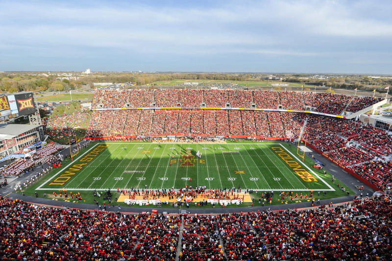 16. David Booth Kansas Memorial Stadium (Kansas Jayhawks), 15. Space City Financial Stadium (Houston Cougars), 14. Nippert Stadium (Cincinnati Bearcats), 13. FBC Mortgage Stadium (UCF Knights), 12. Arizona Stadium (Arizona Wildcats), 11. Mountain America Stadium (Arizona State), 10. McLane Stadium (Baylor Bears), 9. Folsom Field (Colorado Buffaloes), 8. Amon G. Carter Stadium (TCU Horned Frogs), 7. Jack Trice Stadium (Iowa State Cyclones), 6. Milan Puskar Stadium (West Virginia Mountaineers), 5. Rice-Eccles Stadium (Utah Utes), 4. Boone Pickens Stadium (Oklahoma State Cowboys), 3. Jones AT&amp;T Stadium (Texas Tech Red Raiders), 2. Bill Snyder Family Stadium (Kansas State Wildcats), 1. LaVell Edwards Stadium (BYU Cougars)