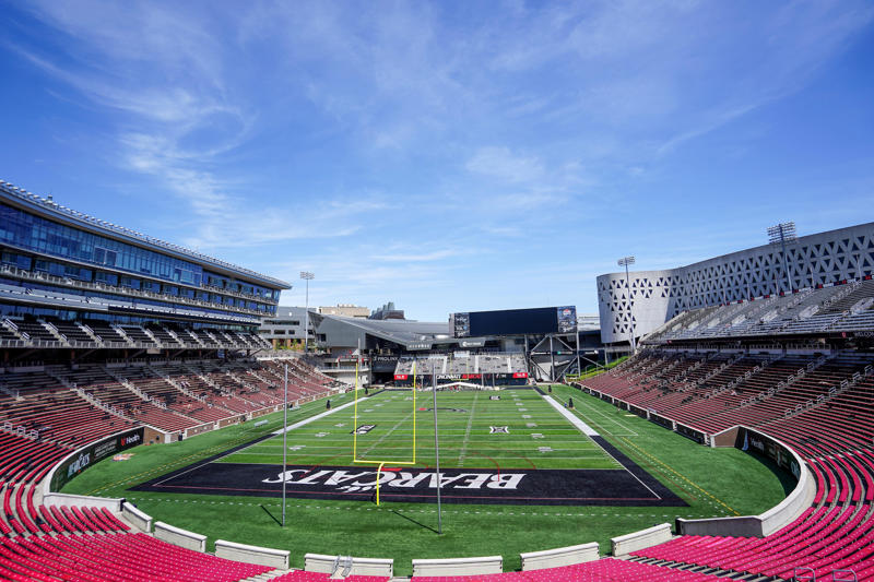 16. David Booth Kansas Memorial Stadium (Kansas Jayhawks), 15. Space City Financial Stadium (Houston Cougars), 14. Nippert Stadium (Cincinnati Bearcats), 13. FBC Mortgage Stadium (UCF Knights), 12. Arizona Stadium (Arizona Wildcats), 11. Mountain America Stadium (Arizona State), 10. McLane Stadium (Baylor Bears), 9. Folsom Field (Colorado Buffaloes), 8. Amon G. Carter Stadium (TCU Horned Frogs), 7. Jack Trice Stadium (Iowa State Cyclones), 6. Milan Puskar Stadium (West Virginia Mountaineers), 5. Rice-Eccles Stadium (Utah Utes), 4. Boone Pickens Stadium (Oklahoma State Cowboys), 3. Jones AT&amp;T Stadium (Texas Tech Red Raiders), 2. Bill Snyder Family Stadium (Kansas State Wildcats), 1. LaVell Edwards Stadium (BYU Cougars)