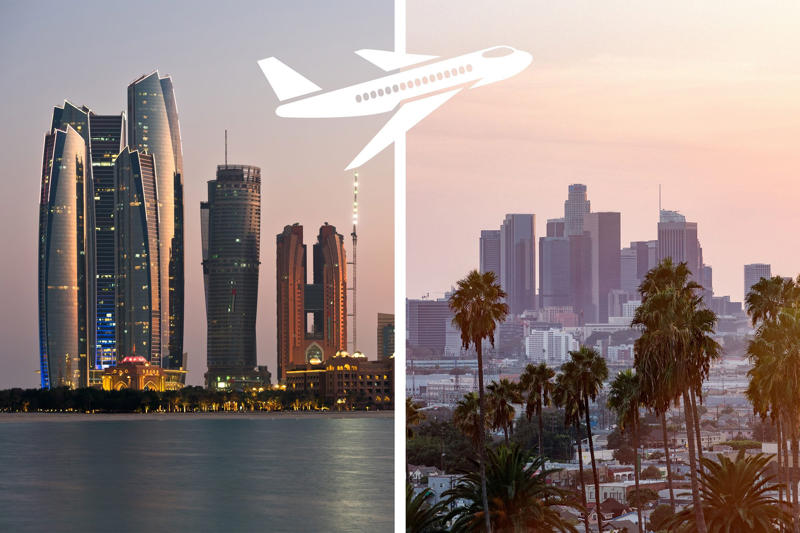 Up in the air, New York, New York to Sydney, Australia, Newark, New Jersey to Singapore, Perth, Australia to London, United Kingdom, Los Angeles, California to Singapore, Johannesburg, South Africa to Atlanta, Georgia, Abu Dhabi, UAE to Los Angeles, California, Toronto, Canada to Manila, Philippines