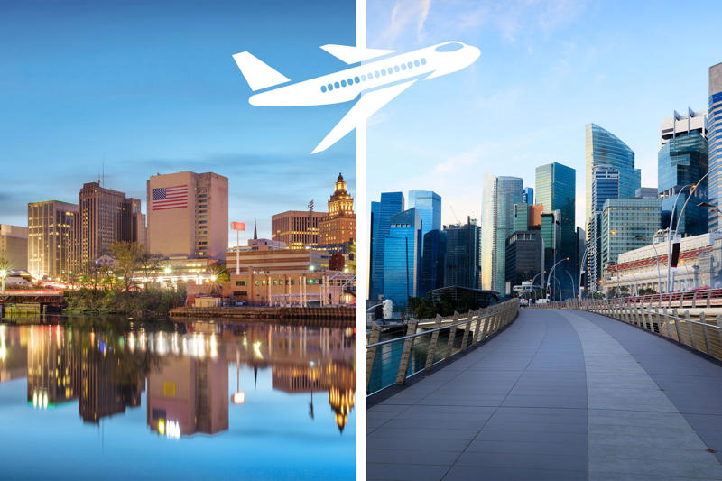 Up in the air, New York, New York to Sydney, Australia, Newark, New Jersey to Singapore, Perth, Australia to London, United Kingdom, Los Angeles, California to Singapore, Johannesburg, South Africa to Atlanta, Georgia, Abu Dhabi, UAE to Los Angeles, California, Toronto, Canada to Manila, Philippines
