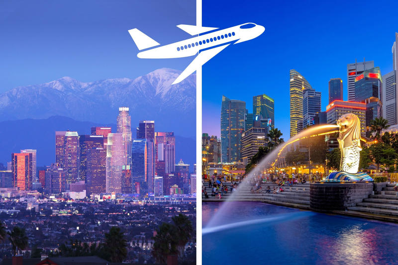 Up in the air, New York, New York to Sydney, Australia, Newark, New Jersey to Singapore, Perth, Australia to London, United Kingdom, Los Angeles, California to Singapore, Johannesburg, South Africa to Atlanta, Georgia, Abu Dhabi, UAE to Los Angeles, California, Toronto, Canada to Manila, Philippines