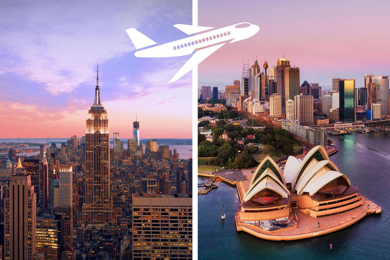 Up in the air, New York, New York to Sydney, Australia, Newark, New Jersey to Singapore, Perth, Australia to London, United Kingdom, Los Angeles, California to Singapore, Johannesburg, South Africa to Atlanta, Georgia, Abu Dhabi, UAE to Los Angeles, California, Toronto, Canada to Manila, Philippines