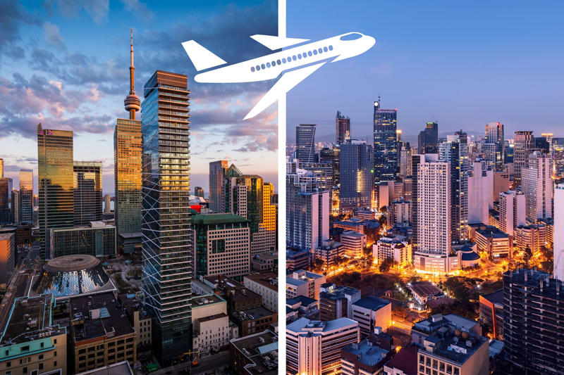 Up in the air, New York, New York to Sydney, Australia, Newark, New Jersey to Singapore, Perth, Australia to London, United Kingdom, Los Angeles, California to Singapore, Johannesburg, South Africa to Atlanta, Georgia, Abu Dhabi, UAE to Los Angeles, California, Toronto, Canada to Manila, Philippines
