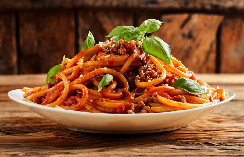 6. Spaghetti Bolognese, UK and USA 36. Pasta frittata, Italy, 35. Cincinnati chilli, USA, 34. Naporitan, Japan, 33. Linguine alla Nerano, Italy, 32. Baked ziti, USA, 31. Fuži s tartufima, Croatia, 30. American chop suey, USA, 29. Kasha varnishkes, USA, 28. Pastitsio, Greece, 27. Pasta con le sarde, Italy, 26. Sorrentinos, Argentina, 25. Pasta alla Norma, Italy, 24. Krautfleckerl, Austria, 23. Pasta e fagioli, Italy, 22. Filipino spaghetti, Philippines, 21. Pasta primavera, Canada or USA, 20. Tortellini alla panna, Italy, 19. Tallarines verdes, Peru, 18. Koshari, Egypt, 17. Pasta puttanesca, Italy, 16. Älplermagronen, Switzerland, 15. Fettuccine Alfredo, Italy and USA, 14. Cacio e pepe, Italy, 13. Uni pasta, Japan, 12. Gratin de crozets, France, 11. Spaghetti alla vongole, Italy, 10. Giouvetsi, Greece, 9. Ravioli, Italy, 8. Fideuà, Spain, 7. Pasta pomodoro, Italy, 6. Spaghetti Bolognese, UK and USA, 5. Cannelloni, Italy, 4. Mac 'n' cheese, Italy and UK, 3. Pasta alla carbonara, Italy, 2. Käsespätzle, various locations