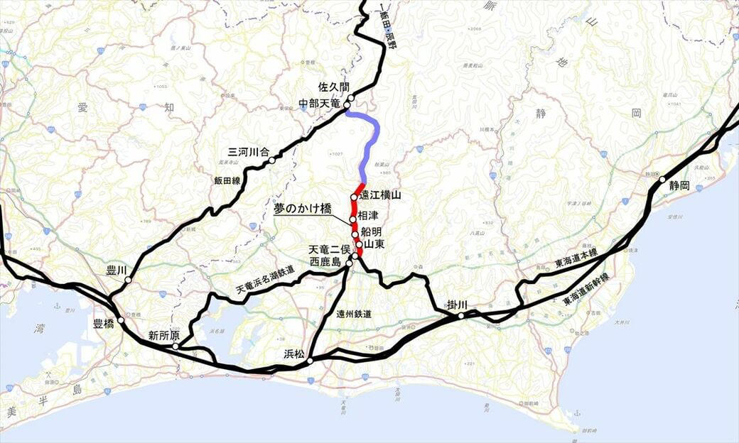 「幻の鉄道橋」を活用した人道橋, 「別ルート」完成で停滞した佐久間線, 天竜川のダム建設で再浮上するが…, トンネルや橋脚は完成状態で「凍結」, 活用できず撤去された施設も