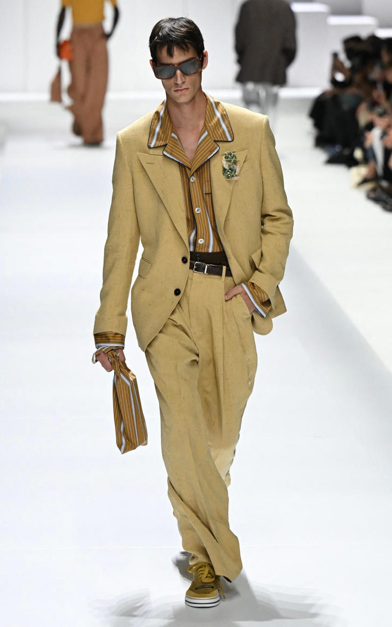 A model presents a creation by Dolce & Gabbana for the Menswear Ready-to-wear Spring-Summer 2026 collection as part of the Milan Fashion Week