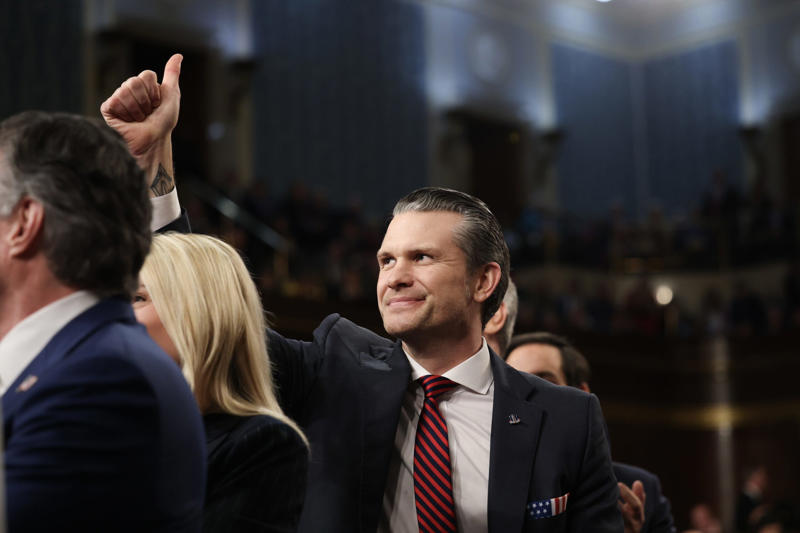 U.S. Secretary of Defense Pete Hegseth thumbs up U.S. Secretary of Defense Pete Hegseth thumbs up, General Timothy Haugh before Senate hearing, General Timothy D. Haugh testifying at Senate, Secretary Pete Hegseth answers media questions, Pete Hegseth at Senate Armed Services hearing, Senator Jacky Rosen discusses tariffs impacts, Senator Rosen with Orucase owner Isaac Howe
