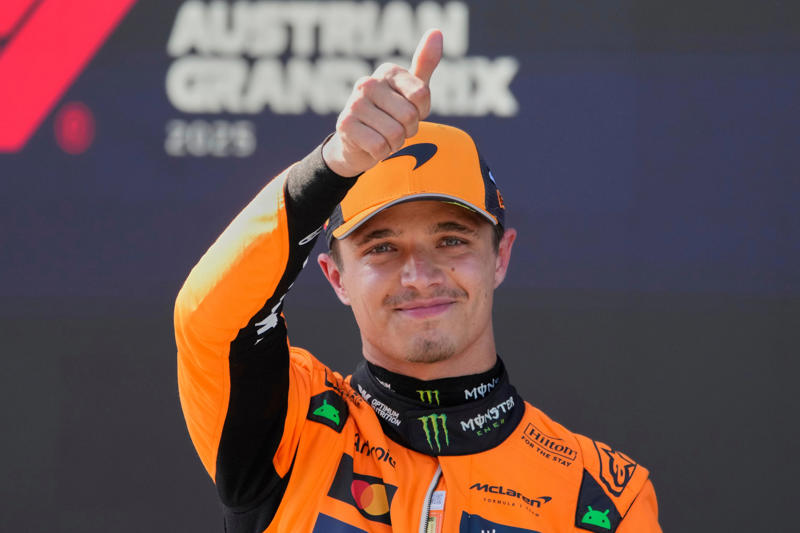 F1 AUSTRIAN GRAND PRIX - LATEST UPDATES, Time for the podium!, Oscar Piastri, who finished P2:, Lando Norris after finishing first:, Charles Leclerc, after coming home P3:, Oscar Piastri:, Lando Norris:, TOP-10 IN THE AUSTRIAN GP, Lando Norris wins the Austrian Grand Prix, Final lap, Norris' gap to Piastri now 1.7 seconds (Lap 69/70), Lando Norris is pushing (Lap 66/70), Lando Norris on team radio (Lap 62/70), Norris's gap to Piastri closing (Lap 60/70), Franco Colapinto receives penalty (Lap 58/70), Oscar Piastri pits (Lap 54/70), Lando Norris pits (Lap 53/70), Lewis Hamilton pits (Lap 51/70), Charles Leclerc pits (Lap 50/70), Piastri closing the gap (Lap 43/70), Norris in control (Lap 40/70), TOP-10 AFTER 35/70 LAPS, Tsunoda-Colapinto collide, Austrian Grand Prix, Lewis Hamilton pits (Lap 26/70), Charles Leclerc pits (Lap 26/70), Oscar Piastri pits (Lap 25/70), Piastri now leads (Lap 22/70), Piastri almost collides with Norris (Lap 20/70), George Russell pits (Lap 19/70), Norris keeping his composure (Lap 17/70), Leclerc told to lift and coast, Piastri backs off a bit (Lap 14/70), Norris and Piastri swap first place (Lap 12/70), Norris thwarting challenge of Piastri, VIDEO: Verstappen and Antonelli crash, Oscar Piastri duelling with Lando Norris (Lap 6/70), Safety car heads in, Antonelli at fault, Max Verstappen is out!, Lights out!, Formation lap No 2, George Russell on team radio:, FIA UPDATE, Carlos Sainz's car catches fire!, FIA: Aborted start!, Carlos Sainz is stuck on the start line!, A reminder of the starting grid for the Austrian GP:, Austrian Grand Prix:, Liam Lawson, who starts P6, Gabriel Bortoleto, who starts an impressive P8:, Oscar Piastri, who starts P3:, Time for the Austrian national anthem!, Karun Chandhok on Max Verstappen's P7 start:, Lando Norris, speaking this morning ahead of the race:, Driver standings heading into this weekend:, Austrian GP winner - race odds:, Bernie Ecclestone on Max Verstappen:, Lando Norris on his 'best lap of the year', Starting grid for the Austrian GP:, Lewis Hamilton reacts to ‘significant’ social media abuse F1 drivers face, F1 constructor standings after 10 races:, List of team upgrades in Austria:, What time is the Austrian GP?, Toto Wolff on a potential Russell-Verstappen line-up, Ferrari team principal Fred Vasseur to miss Austrian GP, F1 extends Austrian GP deal to 2041, Toto Wolff on a potential Russell-Verstappen line-up, Lando Norris after qualifying P1 on Saturday:, RED BULL RING - FACTS:, Ferrari boss Fred Vasseur ahead of the Austrian GP weekend:, Allocated tyre compounds in Austria:, Lewis Hamilton on Ferrari upgrades:, Verstappen teams up with different race engineer in Austria, Irish teen Alex Dunne after finishing P4 in FP1 for McLaren yesterday:, Driver standings heading into this weekend:, Carlos Sainz, after qualifying just P19:, FIA on grass fires which caused Q2 red flag:, Oscar Piastri, who qualified P3:, Confirmation of the final qualifying results from the FIA:, What time is the Austrian GP?, Lando Norris after qualifying P1:, TOP-10 IN QUALIFYING, Charles Leclerc, in P2:, Gasly spun in the final corner!, Lando Norris on pole position!, Final laps in Q3, George Russell noted for an unsafe release:, Lando Norris on provisional pole!, Q3 underway, Alex Albon out in Q2!, Cars heading out on track!, FIA UPDATE, RED FLAG, Norris quickest early on!, Leclerc quickest so far, Q2 underway!, Carlos Sainz:
