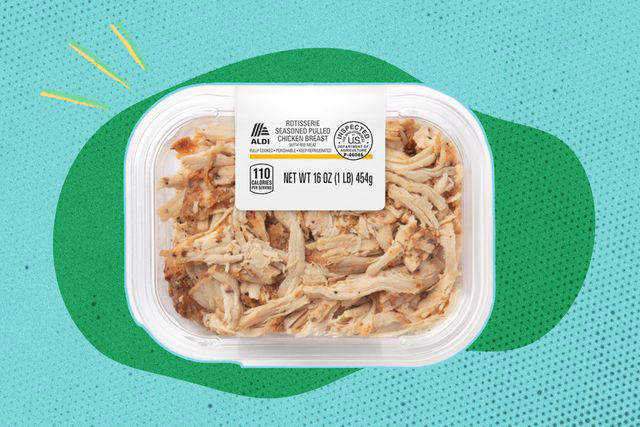 1. Rotisserie-Style Pulled Chicken or Pork, 2. Mama Cozzi’s Pizza Kitchen Original Pizza Dough, 3. Season’s Choice Steamable Sweet Peas, 4. Aldi Honey BBQ Bacon Twisters, 5. Little Salad Bar Caesar Salad, 6. Mild Italian Style Meatballs, 7. Pulmuone Chicken Pad Thai Kit