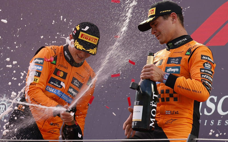 04:31 PM BST, McLaren one-two, 04:31 PM BST, Norris on top in Austria, 04:24 PM BST, McLaren team principal Andrea Stella talking to Sky Sports, 04:20 PM BST, Great day for the Kiwi, 04:17 PM BST, Max Verstappen speaking to Sky Sports, 04:12 PM BST, Champagne time, 04:10 PM BST, Podium time, 04:08 PM BST, Joy for Norris, 04:05 PM BST, The thoughts of Kimi Antonelli, 03:59 PM BST, Quotes from Charles Leclerc, who finished third, 03:58 PM BST, The thoughts of Oscar Piastri, who finished second, 03:57 PM BST, Constructors’ standings, 03:55 PM BST, Lando Norris speaks after winning the Austrian GP, 03:54 PM BST, Victory for Norris in Austria, 03:52 PM BST, Top five in the drivers’ standings after Austria, 03:49 PM BST, Karun Chandhok on Sky Sports, 03:47 PM BST, Top five, 03:46 PM BST, First points, 03:42 PM BST, Lando Norris wins the Austrian Grand Prix, 03:41 PM BST, Lap 70 of 70, 03:40 PM BST, Lap 69 of 70, 03:38 PM BST, Lap 68 of 70, 03:37 PM BST, Lap 67 of 70, 03:35 PM BST, Lap 65 of 70, 03:33 PM BST, Lap 63 of 70, 03:31 PM BST, Lap 61 of 70, 03:29 PM BST, Lap 60 of 70, 03:27 PM BST, Lap 58 of 70, 03:25 PM BST, Lap 56 of 70, 03:25 PM BST, Lap 54 of 70, 03:21 PM BST, Lap 53 of 70, 03:19 PM BST, Lap 51 of 70, 03:18 PM BST, Lap 50 of 70, 03:17 PM BST, Lap 49 of 70, 03:14 PM BST, Lap 47 of 70, 03:12 PM BST, Lap 45 of 70, 03:11 PM BST, Lap 44 of 70, 03:08 PM BST, Lap 41 of 70, 03:05 PM BST, Lap 39 of 70, 03:01 PM BST, Lap 36 of 70, 02:59 PM BST, Lap 34 of 70, 02:57 PM BST, Lap 32 of 70, 02:54 PM BST, Lap 29 of 70, 02:52 PM BST, Lap 27 of 70, 02:51 PM BST, Lap 26 of 70, 02:50 PM BST, Lap 25 of 70, 02:49 PM BST, Lap 24 of 70, 02:45 PM BST, Lap 22 of 70, 02:44 PM BST, Lap 21 of 70, 02:42 PM BST, Lap 19 of 70, 02:41 PM BST, Lap 18 of 70, 02:39 PM BST, Lap 17 of 70, 02:37 PM BST, Lap 15 of 70, 02:35 PM BST, Lap 14 of 70, 02:34 PM BST, Lap 12 of 70, 02:33 PM BST, Lap 11 of 70, 02:29 PM BST, Lap 8 of 70, 02:27 PM BST, Lap 6 of 70, 02:24 PM BST, Lap 4 of 70, 02:22 PM BST, Lap 3 of 70, 02:20 PM BST, Verstappen out of the race, 02:18 PM BST, Go, go, go!, 02:15 PM BST, Take two, 02:11 PM BST, Very hot, 02:08 PM BST, Game over, 02:03 PM BST, 02:00 PM BST, Formation lap, 01:55 PM BST, Five-minute klaxon, 01:54 PM BST, A reminder of the starting grid, 01:52 PM BST, Hot, hot, hot!, 01:50 PM BST, A slightly pessimistic Max Verstappen talking to Sky Sports, 01:48 PM BST, Hulk in the house, 01:46 PM BST, Jurgen at the Grand Prix, 01:41 PM BST, Last five winners around this circuit, 01:37 PM BST, 01:35 PM BST, Potential epicentre of the action, 01:32 PM BST, Karun Chandhok on Sky Sports, 01:29 PM BST, Lando Norris speaking to Sky, 01:22 PM BST, Pit lane open, 01:20 PM BST, Karun Chandhok on Sky Sports, 01:18 PM BST, Your starting grid for today, 01:15 PM BST, New contract for Austria, 01:08 PM BST, No Vassuer, 01:05 PM BST, Top five in the constructors’ standings, 01:00 PM BST, Top five in the drivers’ standings, 12:55 PM BST, Who will take victory in the Styrian Hills?