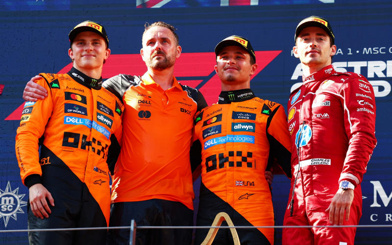 04:31 PM BST, McLaren one-two, 04:31 PM BST, Norris on top in Austria, 04:24 PM BST, McLaren team principal Andrea Stella talking to Sky Sports, 04:20 PM BST, Great day for the Kiwi, 04:17 PM BST, Max Verstappen speaking to Sky Sports, 04:12 PM BST, Champagne time, 04:10 PM BST, Podium time, 04:08 PM BST, Joy for Norris, 04:05 PM BST, The thoughts of Kimi Antonelli, 03:59 PM BST, Quotes from Charles Leclerc, who finished third, 03:58 PM BST, The thoughts of Oscar Piastri, who finished second, 03:57 PM BST, Constructors’ standings, 03:55 PM BST, Lando Norris speaks after winning the Austrian GP, 03:54 PM BST, Victory for Norris in Austria, 03:52 PM BST, Top five in the drivers’ standings after Austria, 03:49 PM BST, Karun Chandhok on Sky Sports, 03:47 PM BST, Top five, 03:46 PM BST, First points, 03:42 PM BST, Lando Norris wins the Austrian Grand Prix, 03:41 PM BST, Lap 70 of 70, 03:40 PM BST, Lap 69 of 70, 03:38 PM BST, Lap 68 of 70, 03:37 PM BST, Lap 67 of 70, 03:35 PM BST, Lap 65 of 70, 03:33 PM BST, Lap 63 of 70, 03:31 PM BST, Lap 61 of 70, 03:29 PM BST, Lap 60 of 70, 03:27 PM BST, Lap 58 of 70, 03:25 PM BST, Lap 56 of 70, 03:25 PM BST, Lap 54 of 70, 03:21 PM BST, Lap 53 of 70, 03:19 PM BST, Lap 51 of 70, 03:18 PM BST, Lap 50 of 70, 03:17 PM BST, Lap 49 of 70, 03:14 PM BST, Lap 47 of 70, 03:12 PM BST, Lap 45 of 70, 03:11 PM BST, Lap 44 of 70, 03:08 PM BST, Lap 41 of 70, 03:05 PM BST, Lap 39 of 70, 03:01 PM BST, Lap 36 of 70, 02:59 PM BST, Lap 34 of 70, 02:57 PM BST, Lap 32 of 70, 02:54 PM BST, Lap 29 of 70, 02:52 PM BST, Lap 27 of 70, 02:51 PM BST, Lap 26 of 70, 02:50 PM BST, Lap 25 of 70, 02:49 PM BST, Lap 24 of 70, 02:45 PM BST, Lap 22 of 70, 02:44 PM BST, Lap 21 of 70, 02:42 PM BST, Lap 19 of 70, 02:41 PM BST, Lap 18 of 70, 02:39 PM BST, Lap 17 of 70, 02:37 PM BST, Lap 15 of 70, 02:35 PM BST, Lap 14 of 70, 02:34 PM BST, Lap 12 of 70, 02:33 PM BST, Lap 11 of 70, 02:29 PM BST, Lap 8 of 70, 02:27 PM BST, Lap 6 of 70, 02:24 PM BST, Lap 4 of 70, 02:22 PM BST, Lap 3 of 70, 02:20 PM BST, Verstappen out of the race, 02:18 PM BST, Go, go, go!, 02:15 PM BST, Take two, 02:11 PM BST, Very hot, 02:08 PM BST, Game over, 02:03 PM BST, 02:00 PM BST, Formation lap, 01:55 PM BST, Five-minute klaxon, 01:54 PM BST, A reminder of the starting grid, 01:52 PM BST, Hot, hot, hot!, 01:50 PM BST, A slightly pessimistic Max Verstappen talking to Sky Sports, 01:48 PM BST, Hulk in the house, 01:46 PM BST, Jurgen at the Grand Prix, 01:41 PM BST, Last five winners around this circuit, 01:37 PM BST, 01:35 PM BST, Potential epicentre of the action, 01:32 PM BST, Karun Chandhok on Sky Sports, 01:29 PM BST, Lando Norris speaking to Sky, 01:22 PM BST, Pit lane open, 01:20 PM BST, Karun Chandhok on Sky Sports, 01:18 PM BST, Your starting grid for today, 01:15 PM BST, New contract for Austria, 01:08 PM BST, No Vassuer, 01:05 PM BST, Top five in the constructors’ standings, 01:00 PM BST, Top five in the drivers’ standings, 12:55 PM BST, Who will take victory in the Styrian Hills?