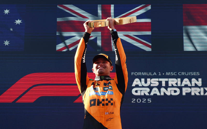 04:31 PM BST, McLaren one-two, 04:31 PM BST, Norris on top in Austria, 04:24 PM BST, McLaren team principal Andrea Stella talking to Sky Sports, 04:20 PM BST, Great day for the Kiwi, 04:17 PM BST, Max Verstappen speaking to Sky Sports, 04:12 PM BST, Champagne time, 04:10 PM BST, Podium time, 04:08 PM BST, Joy for Norris, 04:05 PM BST, The thoughts of Kimi Antonelli, 03:59 PM BST, Quotes from Charles Leclerc, who finished third, 03:58 PM BST, The thoughts of Oscar Piastri, who finished second, 03:57 PM BST, Constructors’ standings, 03:55 PM BST, Lando Norris speaks after winning the Austrian GP, 03:54 PM BST, Victory for Norris in Austria, 03:52 PM BST, Top five in the drivers’ standings after Austria, 03:49 PM BST, Karun Chandhok on Sky Sports, 03:47 PM BST, Top five, 03:46 PM BST, First points, 03:42 PM BST, Lando Norris wins the Austrian Grand Prix, 03:41 PM BST, Lap 70 of 70, 03:40 PM BST, Lap 69 of 70, 03:38 PM BST, Lap 68 of 70, 03:37 PM BST, Lap 67 of 70, 03:35 PM BST, Lap 65 of 70, 03:33 PM BST, Lap 63 of 70, 03:31 PM BST, Lap 61 of 70, 03:29 PM BST, Lap 60 of 70, 03:27 PM BST, Lap 58 of 70, 03:25 PM BST, Lap 56 of 70, 03:25 PM BST, Lap 54 of 70, 03:21 PM BST, Lap 53 of 70, 03:19 PM BST, Lap 51 of 70, 03:18 PM BST, Lap 50 of 70, 03:17 PM BST, Lap 49 of 70, 03:14 PM BST, Lap 47 of 70, 03:12 PM BST, Lap 45 of 70, 03:11 PM BST, Lap 44 of 70, 03:08 PM BST, Lap 41 of 70, 03:05 PM BST, Lap 39 of 70, 03:01 PM BST, Lap 36 of 70, 02:59 PM BST, Lap 34 of 70, 02:57 PM BST, Lap 32 of 70, 02:54 PM BST, Lap 29 of 70, 02:52 PM BST, Lap 27 of 70, 02:51 PM BST, Lap 26 of 70, 02:50 PM BST, Lap 25 of 70, 02:49 PM BST, Lap 24 of 70, 02:45 PM BST, Lap 22 of 70, 02:44 PM BST, Lap 21 of 70, 02:42 PM BST, Lap 19 of 70, 02:41 PM BST, Lap 18 of 70, 02:39 PM BST, Lap 17 of 70, 02:37 PM BST, Lap 15 of 70, 02:35 PM BST, Lap 14 of 70, 02:34 PM BST, Lap 12 of 70, 02:33 PM BST, Lap 11 of 70, 02:29 PM BST, Lap 8 of 70, 02:27 PM BST, Lap 6 of 70, 02:24 PM BST, Lap 4 of 70, 02:22 PM BST, Lap 3 of 70, 02:20 PM BST, Verstappen out of the race, 02:18 PM BST, Go, go, go!, 02:15 PM BST, Take two, 02:11 PM BST, Very hot, 02:08 PM BST, Game over, 02:03 PM BST, 02:00 PM BST, Formation lap, 01:55 PM BST, Five-minute klaxon, 01:54 PM BST, A reminder of the starting grid, 01:52 PM BST, Hot, hot, hot!, 01:50 PM BST, A slightly pessimistic Max Verstappen talking to Sky Sports, 01:48 PM BST, Hulk in the house, 01:46 PM BST, Jurgen at the Grand Prix, 01:41 PM BST, Last five winners around this circuit, 01:37 PM BST, 01:35 PM BST, Potential epicentre of the action, 01:32 PM BST, Karun Chandhok on Sky Sports, 01:29 PM BST, Lando Norris speaking to Sky, 01:22 PM BST, Pit lane open, 01:20 PM BST, Karun Chandhok on Sky Sports, 01:18 PM BST, Your starting grid for today, 01:15 PM BST, New contract for Austria, 01:08 PM BST, No Vassuer, 01:05 PM BST, Top five in the constructors’ standings, 01:00 PM BST, Top five in the drivers’ standings, 12:55 PM BST, Who will take victory in the Styrian Hills?