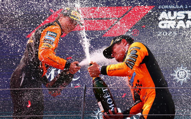 04:31 PM BST, McLaren one-two, 04:31 PM BST, Norris on top in Austria, 04:24 PM BST, McLaren team principal Andrea Stella talking to Sky Sports, 04:20 PM BST, Great day for the Kiwi, 04:17 PM BST, Max Verstappen speaking to Sky Sports, 04:12 PM BST, Champagne time, 04:10 PM BST, Podium time, 04:08 PM BST, Joy for Norris, 04:05 PM BST, The thoughts of Kimi Antonelli, 03:59 PM BST, Quotes from Charles Leclerc, who finished third, 03:58 PM BST, The thoughts of Oscar Piastri, who finished second, 03:57 PM BST, Constructors’ standings, 03:55 PM BST, Lando Norris speaks after winning the Austrian GP, 03:54 PM BST, Victory for Norris in Austria, 03:52 PM BST, Top five in the drivers’ standings after Austria, 03:49 PM BST, Karun Chandhok on Sky Sports, 03:47 PM BST, Top five, 03:46 PM BST, First points, 03:42 PM BST, Lando Norris wins the Austrian Grand Prix, 03:41 PM BST, Lap 70 of 70, 03:40 PM BST, Lap 69 of 70, 03:38 PM BST, Lap 68 of 70, 03:37 PM BST, Lap 67 of 70, 03:35 PM BST, Lap 65 of 70, 03:33 PM BST, Lap 63 of 70, 03:31 PM BST, Lap 61 of 70, 03:29 PM BST, Lap 60 of 70, 03:27 PM BST, Lap 58 of 70, 03:25 PM BST, Lap 56 of 70, 03:25 PM BST, Lap 54 of 70, 03:21 PM BST, Lap 53 of 70, 03:19 PM BST, Lap 51 of 70, 03:18 PM BST, Lap 50 of 70, 03:17 PM BST, Lap 49 of 70, 03:14 PM BST, Lap 47 of 70, 03:12 PM BST, Lap 45 of 70, 03:11 PM BST, Lap 44 of 70, 03:08 PM BST, Lap 41 of 70, 03:05 PM BST, Lap 39 of 70, 03:01 PM BST, Lap 36 of 70, 02:59 PM BST, Lap 34 of 70, 02:57 PM BST, Lap 32 of 70, 02:54 PM BST, Lap 29 of 70, 02:52 PM BST, Lap 27 of 70, 02:51 PM BST, Lap 26 of 70, 02:50 PM BST, Lap 25 of 70, 02:49 PM BST, Lap 24 of 70, 02:45 PM BST, Lap 22 of 70, 02:44 PM BST, Lap 21 of 70, 02:42 PM BST, Lap 19 of 70, 02:41 PM BST, Lap 18 of 70, 02:39 PM BST, Lap 17 of 70, 02:37 PM BST, Lap 15 of 70, 02:35 PM BST, Lap 14 of 70, 02:34 PM BST, Lap 12 of 70, 02:33 PM BST, Lap 11 of 70, 02:29 PM BST, Lap 8 of 70, 02:27 PM BST, Lap 6 of 70, 02:24 PM BST, Lap 4 of 70, 02:22 PM BST, Lap 3 of 70, 02:20 PM BST, Verstappen out of the race, 02:18 PM BST, Go, go, go!, 02:15 PM BST, Take two, 02:11 PM BST, Very hot, 02:08 PM BST, Game over, 02:03 PM BST, 02:00 PM BST, Formation lap, 01:55 PM BST, Five-minute klaxon, 01:54 PM BST, A reminder of the starting grid, 01:52 PM BST, Hot, hot, hot!, 01:50 PM BST, A slightly pessimistic Max Verstappen talking to Sky Sports, 01:48 PM BST, Hulk in the house, 01:46 PM BST, Jurgen at the Grand Prix, 01:41 PM BST, Last five winners around this circuit, 01:37 PM BST, 01:35 PM BST, Potential epicentre of the action, 01:32 PM BST, Karun Chandhok on Sky Sports, 01:29 PM BST, Lando Norris speaking to Sky, 01:22 PM BST, Pit lane open, 01:20 PM BST, Karun Chandhok on Sky Sports, 01:18 PM BST, Your starting grid for today, 01:15 PM BST, New contract for Austria, 01:08 PM BST, No Vassuer, 01:05 PM BST, Top five in the constructors’ standings, 01:00 PM BST, Top five in the drivers’ standings, 12:55 PM BST, Who will take victory in the Styrian Hills?