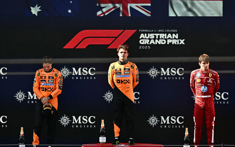 04:31 PM BST, McLaren one-two, 04:31 PM BST, Norris on top in Austria, 04:24 PM BST, McLaren team principal Andrea Stella talking to Sky Sports, 04:20 PM BST, Great day for the Kiwi, 04:17 PM BST, Max Verstappen speaking to Sky Sports, 04:12 PM BST, Champagne time, 04:10 PM BST, Podium time, 04:08 PM BST, Joy for Norris, 04:05 PM BST, The thoughts of Kimi Antonelli, 03:59 PM BST, Quotes from Charles Leclerc, who finished third, 03:58 PM BST, The thoughts of Oscar Piastri, who finished second, 03:57 PM BST, Constructors’ standings, 03:55 PM BST, Lando Norris speaks after winning the Austrian GP, 03:54 PM BST, Victory for Norris in Austria, 03:52 PM BST, Top five in the drivers’ standings after Austria, 03:49 PM BST, Karun Chandhok on Sky Sports, 03:47 PM BST, Top five, 03:46 PM BST, First points, 03:42 PM BST, Lando Norris wins the Austrian Grand Prix, 03:41 PM BST, Lap 70 of 70, 03:40 PM BST, Lap 69 of 70, 03:38 PM BST, Lap 68 of 70, 03:37 PM BST, Lap 67 of 70, 03:35 PM BST, Lap 65 of 70, 03:33 PM BST, Lap 63 of 70, 03:31 PM BST, Lap 61 of 70, 03:29 PM BST, Lap 60 of 70, 03:27 PM BST, Lap 58 of 70, 03:25 PM BST, Lap 56 of 70, 03:25 PM BST, Lap 54 of 70, 03:21 PM BST, Lap 53 of 70, 03:19 PM BST, Lap 51 of 70, 03:18 PM BST, Lap 50 of 70, 03:17 PM BST, Lap 49 of 70, 03:14 PM BST, Lap 47 of 70, 03:12 PM BST, Lap 45 of 70, 03:11 PM BST, Lap 44 of 70, 03:08 PM BST, Lap 41 of 70, 03:05 PM BST, Lap 39 of 70, 03:01 PM BST, Lap 36 of 70, 02:59 PM BST, Lap 34 of 70, 02:57 PM BST, Lap 32 of 70, 02:54 PM BST, Lap 29 of 70, 02:52 PM BST, Lap 27 of 70, 02:51 PM BST, Lap 26 of 70, 02:50 PM BST, Lap 25 of 70, 02:49 PM BST, Lap 24 of 70, 02:45 PM BST, Lap 22 of 70, 02:44 PM BST, Lap 21 of 70, 02:42 PM BST, Lap 19 of 70, 02:41 PM BST, Lap 18 of 70, 02:39 PM BST, Lap 17 of 70, 02:37 PM BST, Lap 15 of 70, 02:35 PM BST, Lap 14 of 70, 02:34 PM BST, Lap 12 of 70, 02:33 PM BST, Lap 11 of 70, 02:29 PM BST, Lap 8 of 70, 02:27 PM BST, Lap 6 of 70, 02:24 PM BST, Lap 4 of 70, 02:22 PM BST, Lap 3 of 70, 02:20 PM BST, Verstappen out of the race, 02:18 PM BST, Go, go, go!, 02:15 PM BST, Take two, 02:11 PM BST, Very hot, 02:08 PM BST, Game over, 02:03 PM BST, 02:00 PM BST, Formation lap, 01:55 PM BST, Five-minute klaxon, 01:54 PM BST, A reminder of the starting grid, 01:52 PM BST, Hot, hot, hot!, 01:50 PM BST, A slightly pessimistic Max Verstappen talking to Sky Sports, 01:48 PM BST, Hulk in the house, 01:46 PM BST, Jurgen at the Grand Prix, 01:41 PM BST, Last five winners around this circuit, 01:37 PM BST, 01:35 PM BST, Potential epicentre of the action, 01:32 PM BST, Karun Chandhok on Sky Sports, 01:29 PM BST, Lando Norris speaking to Sky, 01:22 PM BST, Pit lane open, 01:20 PM BST, Karun Chandhok on Sky Sports, 01:18 PM BST, Your starting grid for today, 01:15 PM BST, New contract for Austria, 01:08 PM BST, No Vassuer, 01:05 PM BST, Top five in the constructors’ standings, 01:00 PM BST, Top five in the drivers’ standings, 12:55 PM BST, Who will take victory in the Styrian Hills?