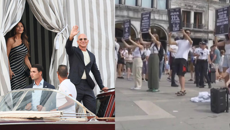 Jeff Bezos' wedding sparks protests in Venice Jeff Bezos' wedding sparks protests in Venice, A part of the city privatized for the ceremony, Celebrities parade along the canals of Venice, The "No Space for Bezos" collective, Yachts facing working-class neighborhoods, Greater tax justice, "The richest 1% are ruining the world.", A Jeff Bezos mannequin floats on the Grand Canal, Bezos forced to change the location of his ball, Donations to UNESCO as wedding gifts, Work for a hundred people, according to Il Foglio, Three million euros donated for the lagoon