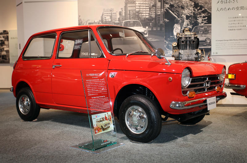 Honda N360 (1967) Curtiss Special (1924), Honda S360 (1962), Honda S500 (1963), Honda S800 (1968), Honda N360 (1967), Honda 1300 (1969), Honda 1300 Coupe S (1970), Honda Civic (1972), Honda Civic Country estate car (1980), Honda RA272 F1 car (1965), Honda P800 Pick-Up (1966), Honda Z (1970), Honda Life Step Van (1972), Honda Electro Gyrocator (1981), Honda Ballade Sports CR-X (1983), Honda Beat (1991), Honda Insight (1999), Honda Legend (1985), Honda Dream D (1949), Honda RA series of F1 cars (1964-68), Spirit Honda 201C (1983), Williams FW09 (1984), Williams FW11 (1986), Honda Indy 500 winner (2004), Honda RA106 (2006), Honda NSX Le Mans (1995), Motorcycle racing hall