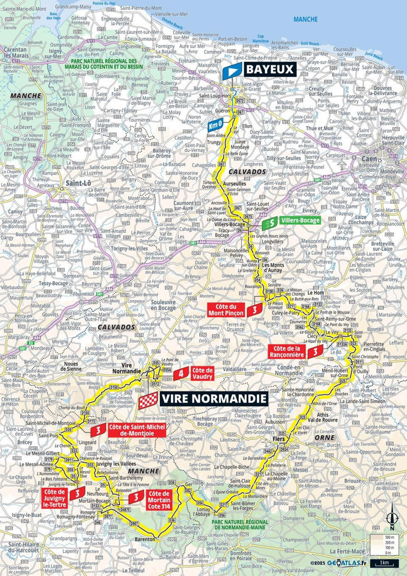 Stage 1: Lille Metropole - Lille Metropole, 185km - Flat, Stage 2: Lauwin-Planque - Bologne-sur-Mer, 212km - Hilly, Stage 3: Valenciennes - Dunkerque, 178km - Flat, Stage 4: Amiens Metropole - Rouen, 173km - Hilly, Stage 5: Caen - Caen, 33km - Individual Time Trial, Stage 6: Bayeux - Vire Normandie, 201km - Hilly, Stage 7: Saint-Malo - Mur-de-Bretagne Guerledan, 194km - Hilly, Stage 8: Saint-Meen-le-Grand - Laval Espace Mayenne, 174km - Flat, Stage 9: Chinon - Chateauroux, 170km - Flat, Stage 10: Ennezat - Le Mont-Dore Puy de Sancy, 163km - Mountain, Stage 11: Toulouse - Toulouse, 154km - Flat, Stage 12: Auch - Hautacam, 181km - Mountain finish, Stage 13: Loudenvielle - Peyragudes, 11km - Individual Time Trial, Stage 14: Pau - Luchon-Superbagneres, 183km - Mountain finish, Stage 15: Muret - Carcassonne, 169km - Hilly, Stage 16: Montpellier - Mont Ventoux, 172km - Mountain finish, Stage 17: Bollene - Valence, 161km - Flat, Stage 18: Vif - Courchevel Col de la Loze, 171km - Mountain finish, Stage 19: Albertville - La Plagne, 130km - Mountain, Stage 20: Nantua - Pontarlier, 185km - Hilly, Stage 21: Mantes-la-Ville - Paris Champs-Elysees, 120km - Flat